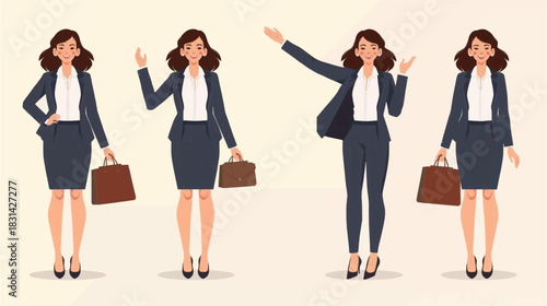 Four illustrated poses of a professional businesswoman in a dark suit, showcasing various gestures and carrying a briefcase, on a light background.