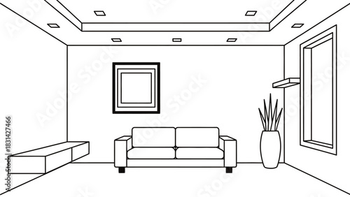 Illustration of a living room with white sofa and green walls