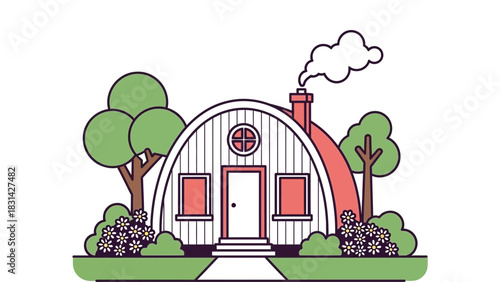 Illustration of a quaint house with trees and a smoking chimney