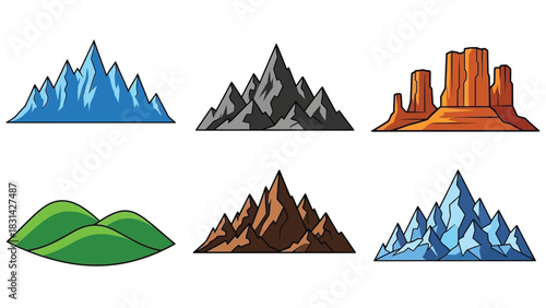 Illustration of six different mountain and hill formations set up