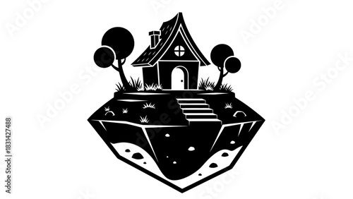 A black and white illustration of a house on a floating island
