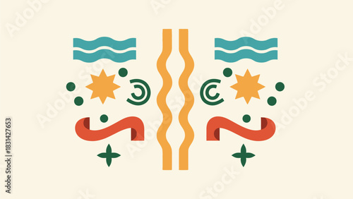 Abstract design with waves, stars, swirls, ribbons and other shapes