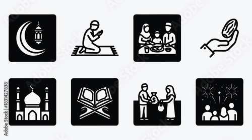 Islamic Icon Set Representing Prayer Family Charity and Celebration