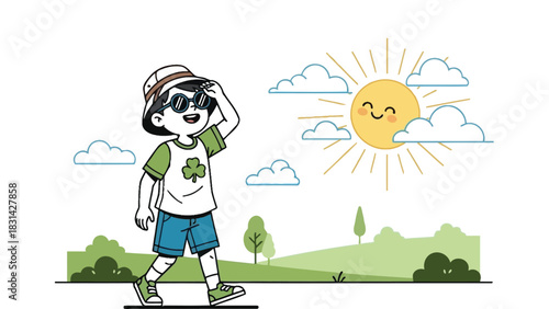 A boy with hat and sunglasses walking on a sunny day illustration