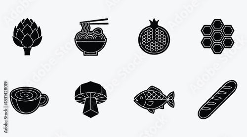 Set of various food and nutrition icons in black and white style