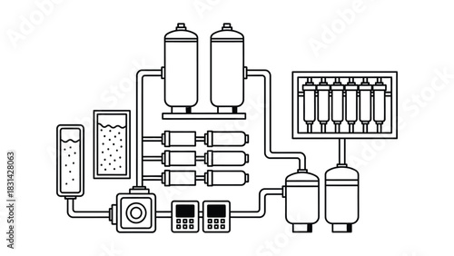 Illustration of a water filtration system with tanks and filters