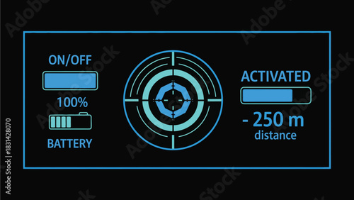 A glowing interface with crosshairs battery and distance indicators