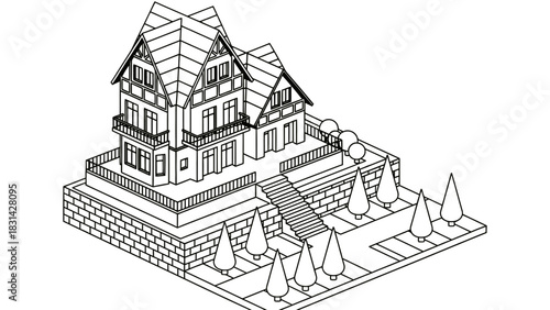 Isometric view of a two story house with a red roof and landscaping