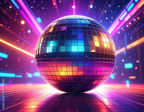 Illuminated disco ball reflecting lights in a futuristic, neon setting
