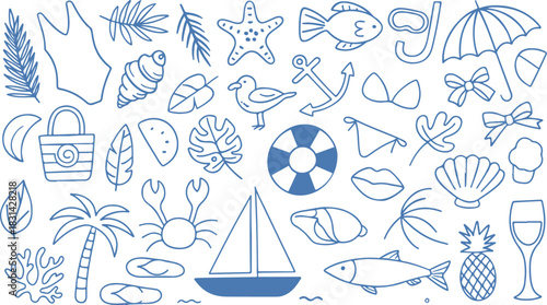 Big hand drawn summer doodle set with tropical, nautical, and vacation elements including swimsuit, crab, anchor, shell, leaf, umbrella, and fruit vector and white