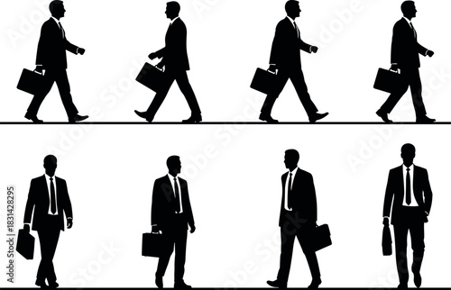 WebEight businesspeople in silhouette walking and standing with briefcases on white background – flavector