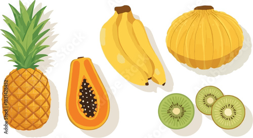A vibrant collection of tropical fruits including pineapple, papaya, bananas, melon, and kiwi slices.