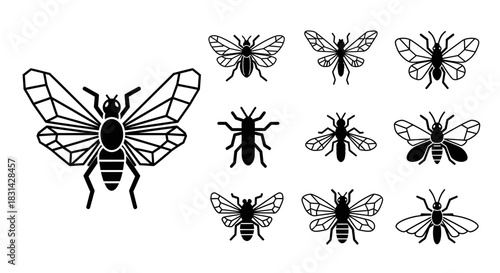 Captivating collection of stylized bee and insect icons, perfect for branding, logos, and nature-themed designs