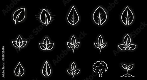 Collection of elegant, minimalist leaf and tree icons symbolizing nature, growth, and organic concepts for modern branding and design projects