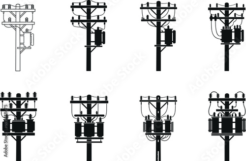 Electric utility pole silhouettes, transformers, insulators, power lines, infrastructure diversity, grid systems, energy network – flavector