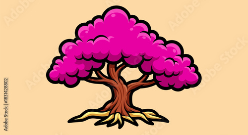 Stylized Pink Tree with Exposed Roots and Fluffy Canopy.