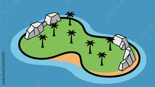 Illustration of an island with palm trees and rock formations