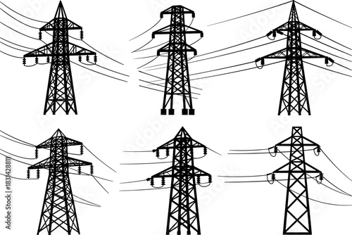Electricity pylon silhouettes with diverse structural designs and insulator arrangements – flavector infrastructure vector art