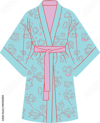 Elegant floral kimono robe, light blue garment with pink belt, fashion apparel illustration, flat vector design