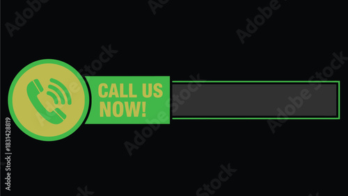 A green and white call us now graphic with a phone icon and text box