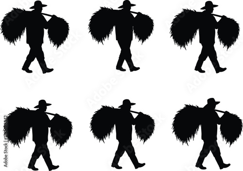 Farmer carrying hay bundles on shoulder pole, rural life, agriculture, tradition, labor flat vector illustration