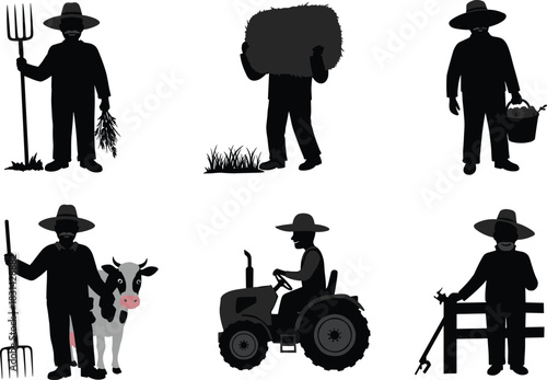 Farmer silhouettes with agriculture tools, tractor, animals, harvest, rural work, farming, countryside, agriculture flat vector