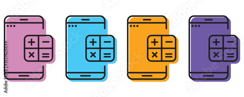 Phone calculator icon vector set, colorful phone calculator icons vector set in trendy flat style illustration isolated on white background.