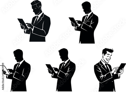 WebFive businessmen in silhouette using tablets or mobile devices on white background – flavector