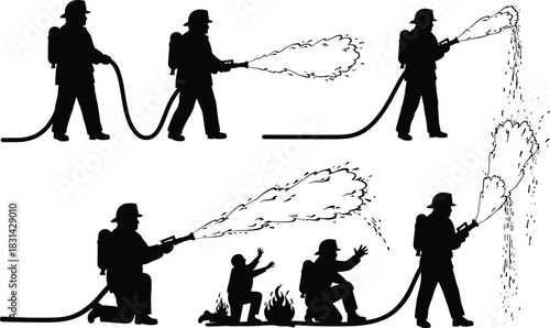 Firefighters spraying water with hoses, extinguishing flames, emergency rescue, fire safety service flat vector illustration