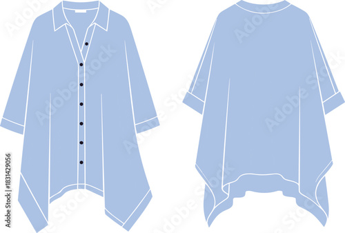 Flat vector illustration of asymmetrical blue tunic shirt, front and back view, fashion clothing design template