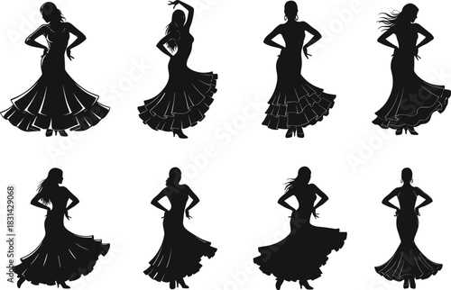 Flamenco dancers in traditional dresses, expressive poses, cultural dance performance, rhythm and motion flat vector illustration