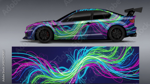 A sporty car with a vibrant, colorful circuit board-inspired graphic wrap design, showcasing the full pattern below.
