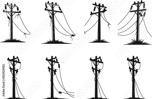 Flat vector illustration of damaged utility poles with broken wires, missing insulators, crossarms, urban electrical hazard silhouette