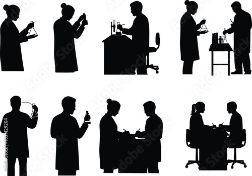 Flat vector illustration of scientists in laboratory with flasks, test tubes, experiments, research teamwork silhouette set