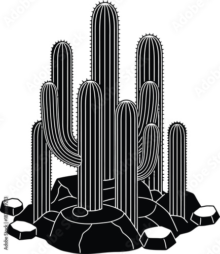 A striking black and white illustration of saguaro cacti in a desert setting