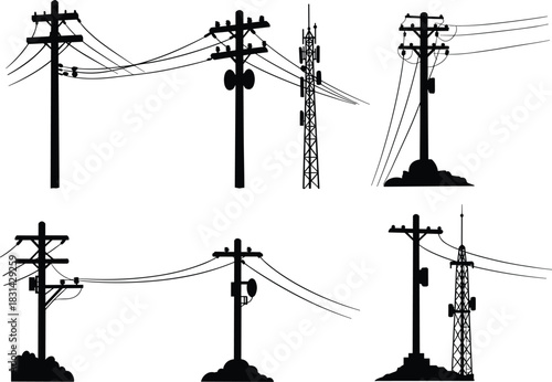 Flat vector illustration of utility poles and communication towers with antennas, power lines, urban infrastructure silhouette set