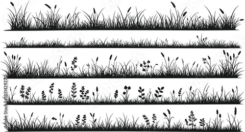 A series of black and white grass illustrations in varying densities