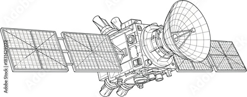 Detailed blueprint style rendering of a satellite with large solar panels