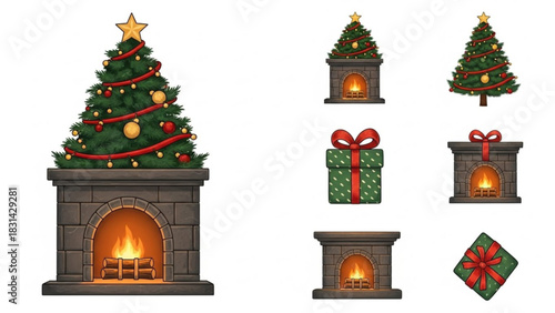 Christmas tree fireplace and gifts vector illustration for holiday season decorations and design elements