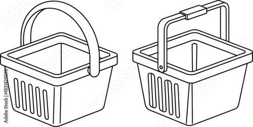 Simple line drawing of two empty square shopping baskets with handles displayed