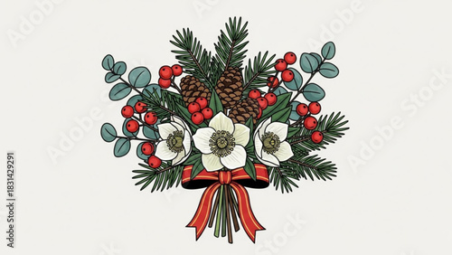 Winter floral arrangement with pine cones, hellebores, berries and red ribbon christmas holiday decor