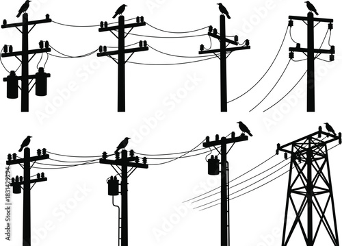 Flat vector illustration of utility poles and transmission towers with birds, transformers, power lines, urban infrastructure silhouette