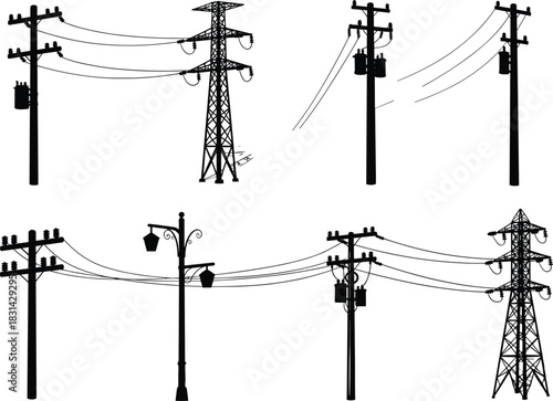 Flat vector illustration of utility poles and transmission towers with transformers, insulators, power lines, urban infrastructure silhouette