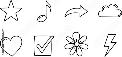 Simple black and white line drawing of various common icons and symbols