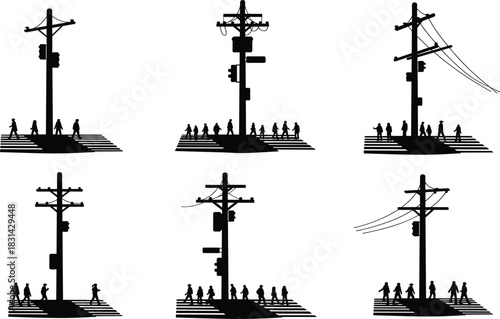 Flat vector illustration of utility poles with pedestrians crossing street, traffic lights, urban infrastructure, safety silhouette set
