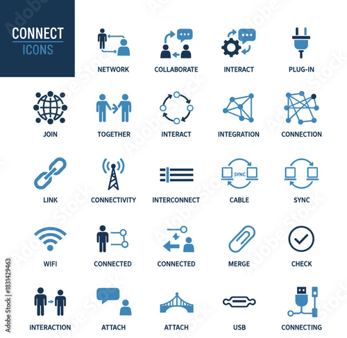 Connect, network, collaborate, interact, plug-in, join, integration, link, cable, sync, WiFi, USB, merge, attach, communication, connection, interconnect