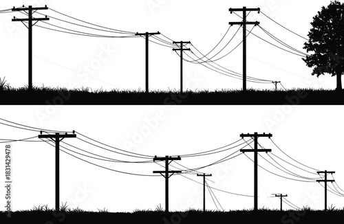 Flat vector illustration of utility poles with power lines across grassy landscape, rural electrical infrastructure silhouette
