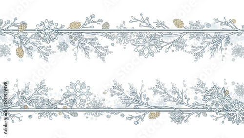 Winter snowflake border design with pine cones and branches for christmas holiday season decoration element