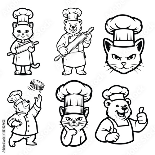 Baking Bear and Cat Chefs Line Art Set