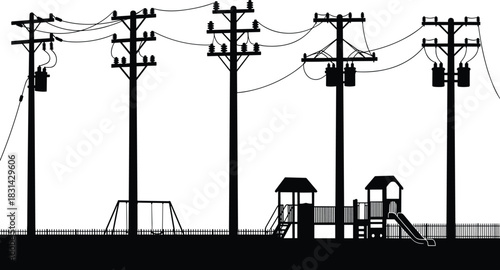 Flat vector illustration of utility poles with transformers beside children’s playground, urban electrical infrastructure silhouette